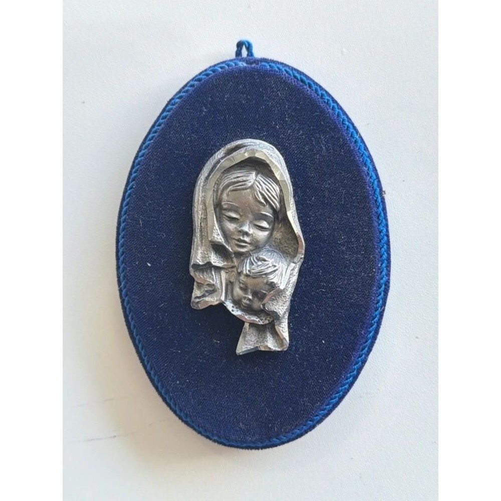 vintage Italian pewter and blue velvet wall plaque